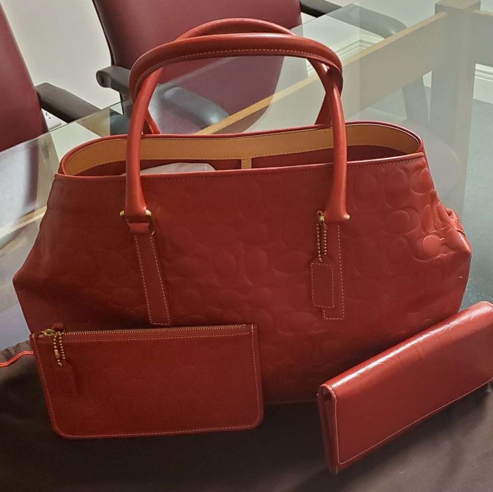 Coach red Tote with wallet and wristlet